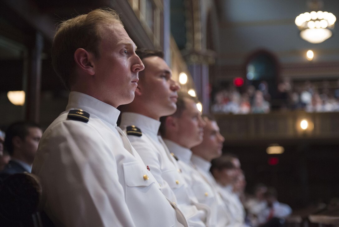 Navy ROTC midshipmen listen to Defense Secretary Ash Carter as he delivers remarks during a commissioning ceremony at Yale University in New Haven, Conn., May 23, 2016. DoD photo by Air Force Senior Master Sgt. Adrian Cadiz 