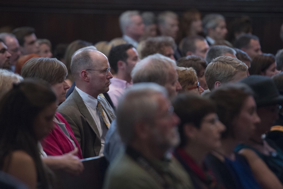 Audience members listen to Defense Secretary Ash Carter as he delivers remarks at an Air Force and Navy ROTC commissioning ceremony at Yale University in New Haven, Conn., May 23, 2016. DoD photo by Air Force Senior Master Sgt. Adrian Cadiz