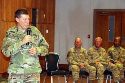 Maj. Gen. Mark Palzer, 79th Sustainment Support Command commanding general, welcomes the returning 4th Sustainment Command (Expeditionary) Soldiers and recognized their families May 7 at Fort Hood, Texas.  The Welcome Home Warrior-Citizen Award Program Recognition Ceremony formally marks the unit’s completion of their mission under the 1st Theater Sustainment Command and their transition back to their home stations.