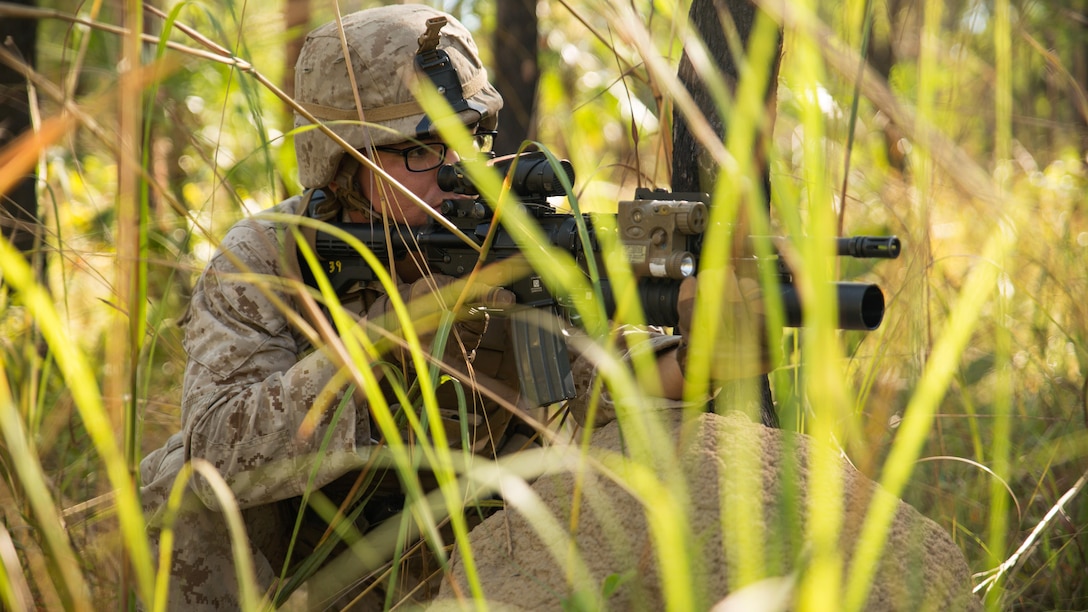 Cpl. Sebestian V. Aguilera, a rifleman, provides security at a training area outside of Robertson Barracks, Northern Territory, Australia, on May 20, 2016. Marines with Marine Rotational Force - Darwin simulated causality evacuations with a UH-1Y Venom helicopter. MRF-D is a six-month deployment of Marines into Darwin, Australia, training in a new environment. Aguilera is with Company B, 1st Battalion, 1st Marine Regiment, MRF-D. 