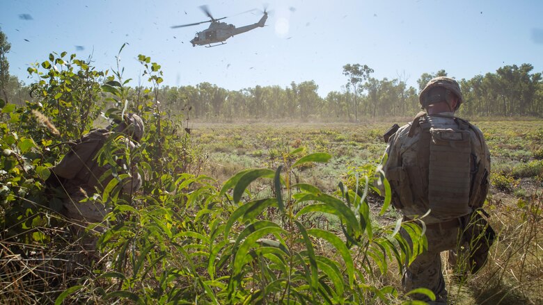 A UH-1Y Venom helicopter hovers above a landing zone outside of Robertson Barracks, Northern Territory, Australia, on May 20, 2016. Marines with Marine Rotational Force - Darwin simulated causality evacuations with a UH-1Y Venom helicopter. MRF-D is a six-month deployment of Marines into Darwin, Australia, training in a new environment. 