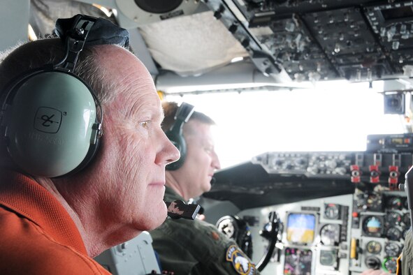 Representative Reid Ribble looks out of the cockpit window of a 459th Air Refueling Wing KC-135R Stratotanker travelling from Moody Air Force Base, Ga., to Joint Base Andrews, Md., May 20. The 459th flew a congressional delegation from Moody, where they witnessed an air power demonstration, back to the National Capital Region. On the return leg, the distinguished travelers were able to witness the in-flight refueling of a 1st Fighter Wing F-22 Raptor. (U.S. Air Force photo/Staff Sgt. Kat Justen)