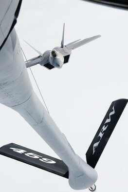 A 1st Fighter Wing F-22 Raptor comes in on approach to a refueling boom of 459th Air Refueling Wing KC-135R Stratotanker May 20, 2016. The 459th flew a congressional delegation from Moody Air Force Base, Ga., where they witnessed an air power demonstration, back to the National Capital Region. On the return leg, the distinguished travelers were able to witness the in-flight refueling. (U.S. Air Force photo/Staff Sgt. Kat Justen)