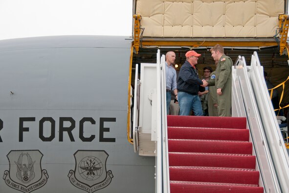 Representative Reid Ribble thanks members of the 459th Air Refueling Wing as he disembarks from a KC-135R Stratotanker onto the Joint Base Andrews flight line May 20. The 459th flew a congressional delegation from Moody Air Force Base, Ga., where they witnessed an air power demonstration, back to the National Capital Region. On the return leg, the distinguished travelers were able to witness the in-flight refueling of a 1st Fighter Wing F-22 Raptor. (U.S. Air Force photo/Staff Sgt. Kat Justen)