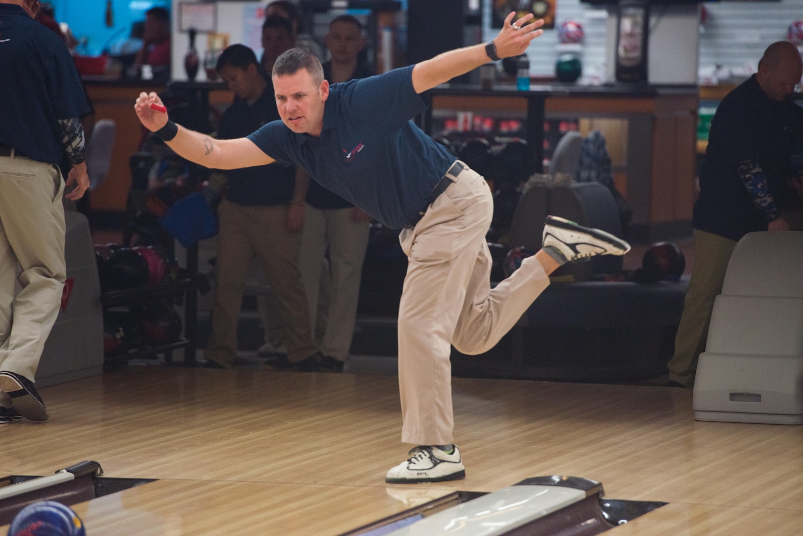 MSgt Joshua Chambliss. First Sergeant, 19th Security Forces Squadron, Little Rock Air Force Base, Arkansas, warms up during the Armed Forces Bowling Championships at Travis Air Force Base, California (U.S. Air Foce Photo by Louis Briscese)