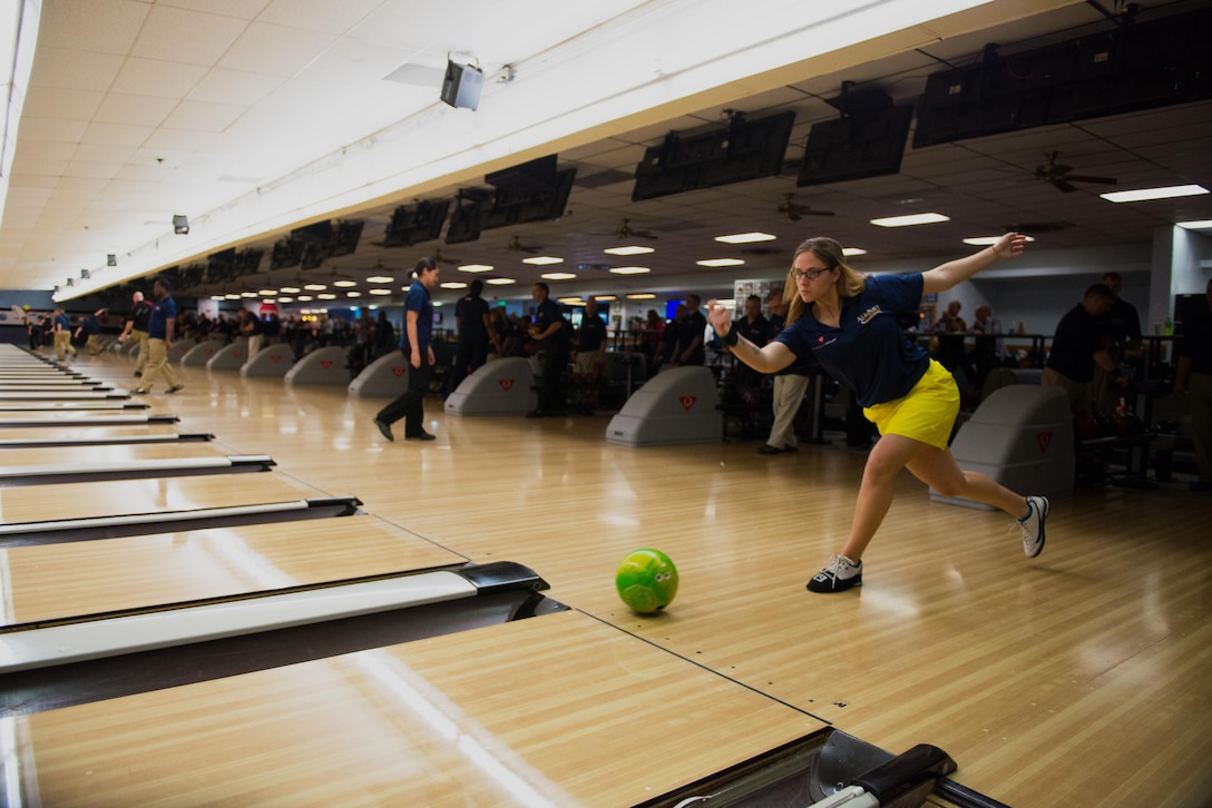 PS1 Ashley Grey, personnel specialist, Kings Bay Georgia, warms up during the Armed Forces Bowling Championships at Travis Air Force Base, California (U.S. Air Foce Photo by Louis Briscese)