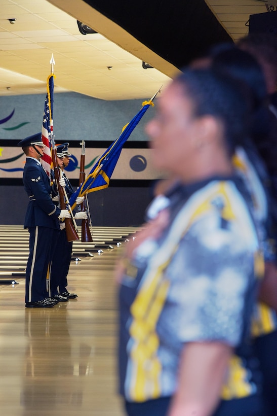 The Travis Air Force Base honor guard presents the colors during the opening ceremony at the Armed Forces Bowling Championship, Travis Air Force Base, Calif, May 11, 2016. (U.S. Air Force Photo by Louis Briscese/Released)