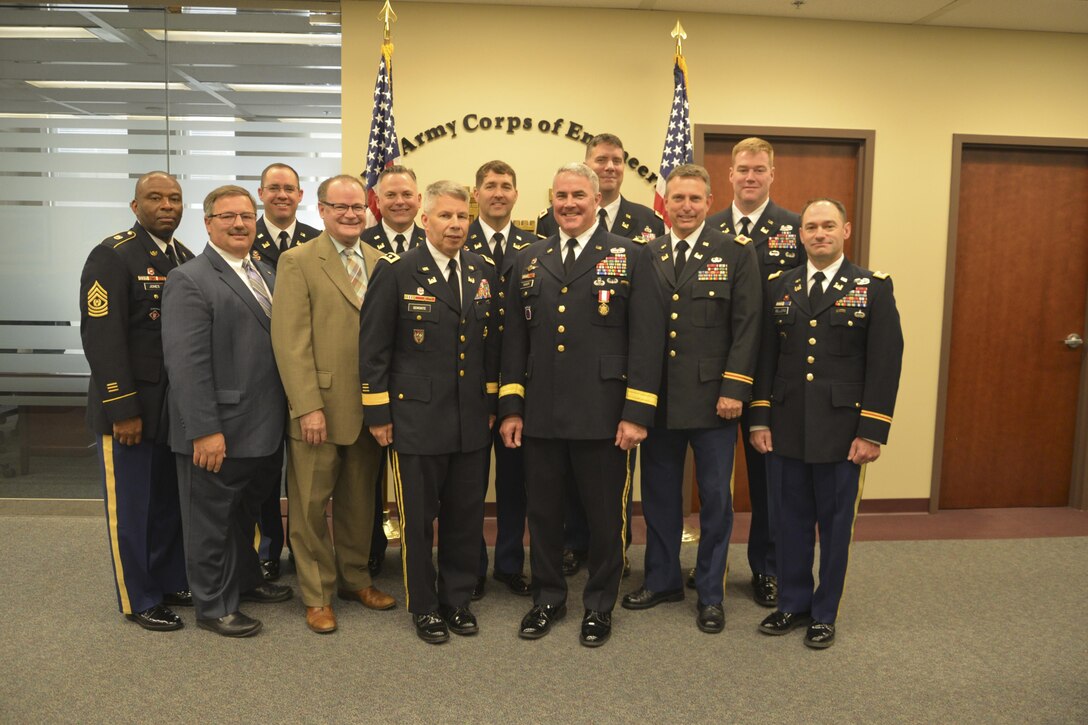 The 54th Chief of Engineers, Todd T. Semonite, poses for a photo with outgoing LRD Commander, Brig. Gen. Richard Kaiser, incoming LRD Commander, Col. Benjamin J. Bigelow,  LRD District Commanders and other USACE senior leaders.