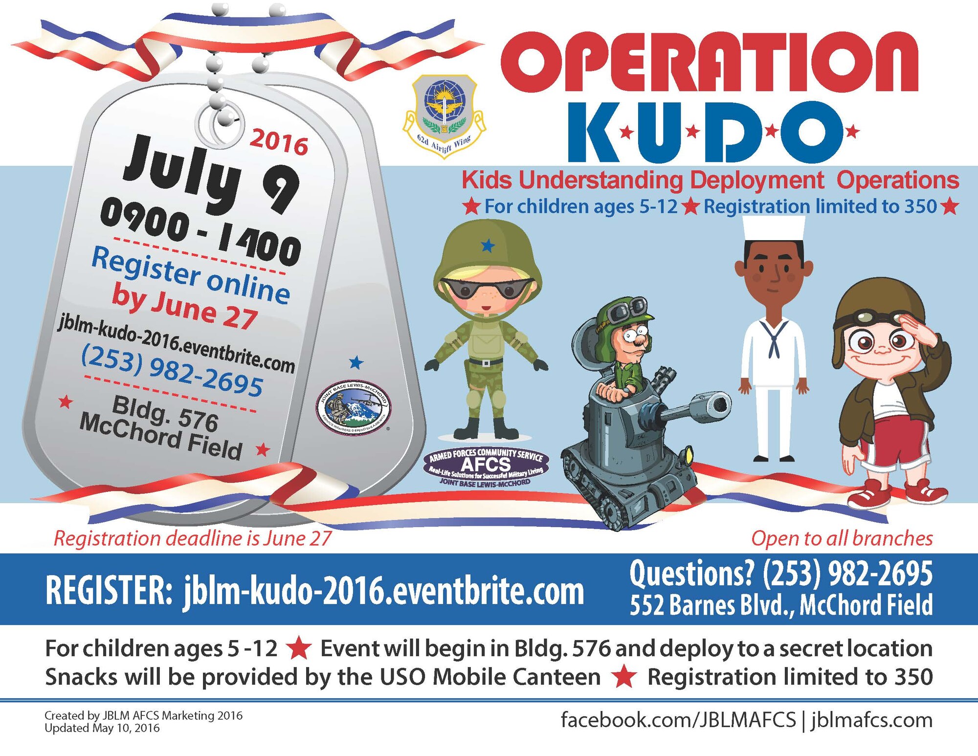 Joint Base Lewis McChord is holding an Operation KUDO event to help kids understand deployment operations July 9 from 9 a.m. until 2 p.m. Members can register and find more information about the event at jblm-kudo-2016.eventbrite.com. The deadline to register is June 27.
