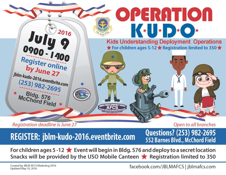 Joint Base Lewis McChord is holding an Operation KUDO event to help kids understand deployment operations July 9 from 9 a.m. until 2 p.m. Members can register and find more information about the event at jblm-kudo-2016.eventbrite.com. The deadline to register is June 27.
