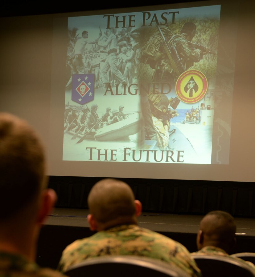 Marines throughout Marine Corps Logistics Base Albany, Ga., listens to a brief from members of the Marine Corps Forces Special Operations Command Screening Team at the Base Theater, here, May 18. The HMST members briefed and explained the requirements and process for joining MARSOC, as well as gave an overview of MARSOC and its missions and operations.