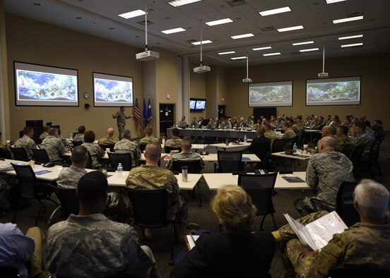 Lt. Gen. Brad Heithold, commander of Air Force Special Operations Command, leads a session during Commando Rally at Hurlburt Field, Fla., May 18, 2016. Commando Rally, which is held twice a year, brings AFSOC leaders together from around the globe to discuss current issues facing the command. (U.S. Air Force photo by Airman 1st Class Kai White)