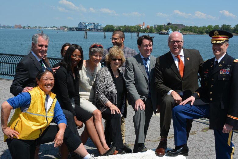 Col. David Caldwell (right), commander, U.S. Army Corps of Engineers New York District, Rep. Crowley (second right), and Flushing Bay advocates celebrate the completion of the removal of derelict barges in the waters of Flushing Bay.