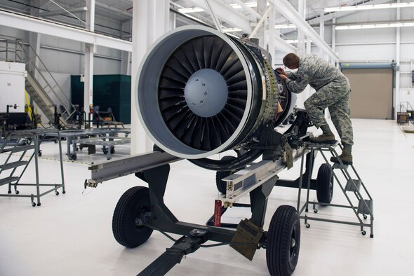 U.S. Air Force Tech. Sgt. Matthew Cohen, 23d Maintenance Group quality assurance inspector, performs an inspection on a TF-34 jet engine, May 24, 2016, at Moody Air Force Base, Ga. QA inspectors verify Moody’s aviation assets for quality maintenance, ensuring they are safe and serviceable. (U.S. Air Force photo by Airman 1st Class Greg Nash/Released)  