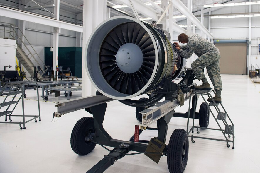U.S. Air Force Tech. Sgt. Matthew Cohen, 23d Maintenance Group quality assurance inspector, performs an inspection on a TF-34 jet engine, May 24, 2016, at Moody Air Force Base, Ga. QA inspectors verify Moody’s aviation assets for quality maintenance, ensuring they are safe and serviceable. (U.S. Air Force photo by Airman 1st Class Greg Nash/Released)  