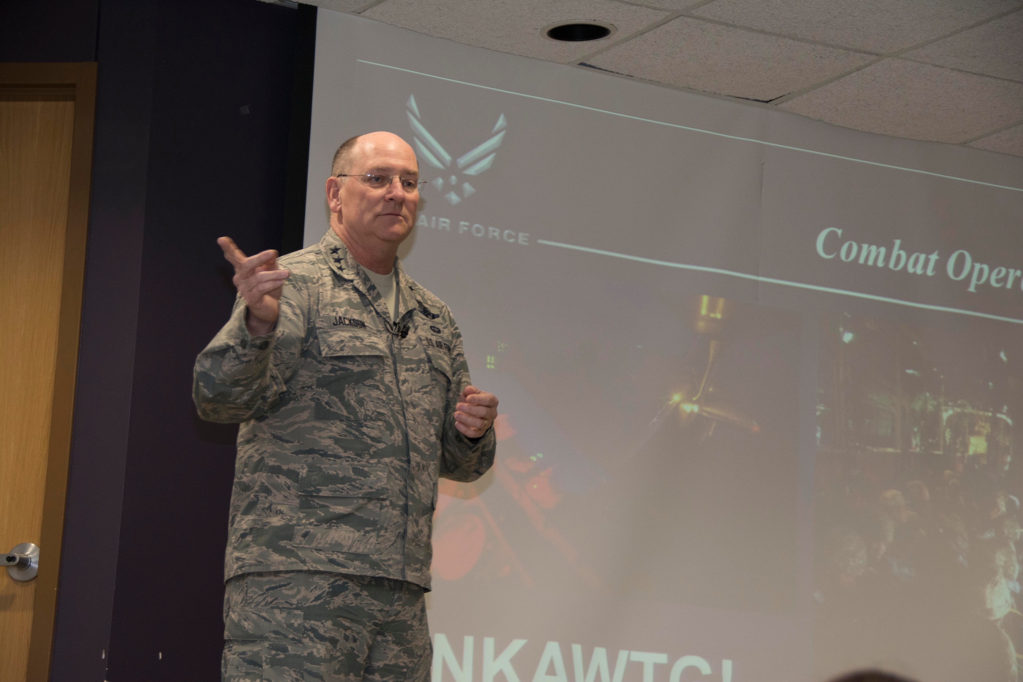 Lt. Gen. James “JJ” Jackson, Chief of Air Force Reserve and Commander, Air Force Reserve Command, briefs members of the Reserve Officers Association, the 507th Air Refueling Wing and the 513th Air Control Group about command priorities May 14, 2016, at Tinker Air Force Base, Oklahoma. (U.S. Air Force Photo/Maj. Jon Quinlan)