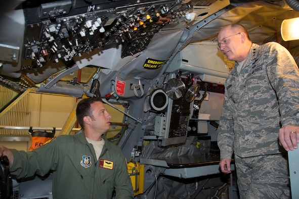 Capt. Dan Shaheen, 465th Air Refueling Squadron pilot, briefs KC-135 Block 45 capabilities to Lt. Gen. James “JJ” Jackson, Chief of Air Force Reserve and Commander, Air Force Reserve Command, May 14, 2016, at Tinker Air Force Base, Oklahoma. Jackson visited Citizen Airmen in the 507th Air Refueling Wing and 513th Air Control Group during their May Unit Training Assembly. (U.S. Air Force Photo/Maj. Jon Quinlan)