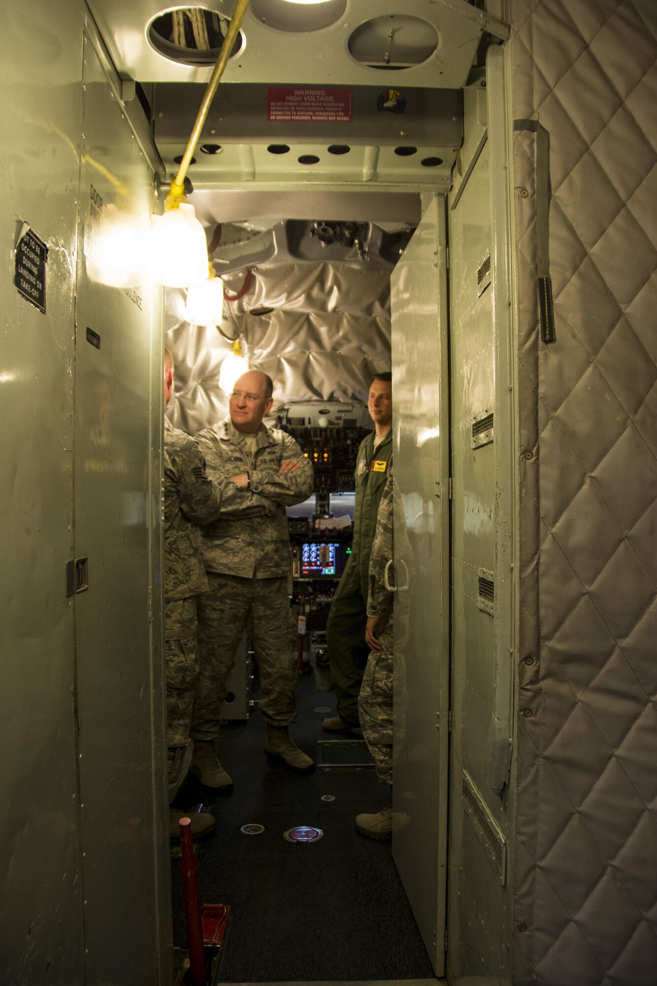 Lt. Gen. James “JJ” Jackson, Chief of Air Force Reserve and Commander, Air Force Reserve Command, listens to a briefing given by the 507th ARW’s maintenance and operations personnel regarding the KC-135’s recent upgrade to Block 45. The 507th Air Refueling Wing was the first Air Force Reserve Command unit to receive the upgrade on the KC-135. (U.S. Air Force Photo/Master Sgt. Grady Epperly)