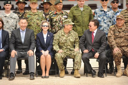 160522-N-WI365-344 ULAANBAATAR, Mongolia (May 22, 2016) - U.S. Pacific Command Commander, Admiral Harry Harris speaks with the President of Mongolia, The Honorable Tsakhiagiin Elbegdorj during the Khaan Quest 2016 opening ceremony in Mongolia. Khaan Quest 2016 is an annual multinational peacekeeping operations exercise conducted in Mongolia and is the capstone exercise for this year’s Global Peace Operations Initiative program. (U.S. Navy photo by Mass Communication Specialist 3rd Class Markus Castaneda)