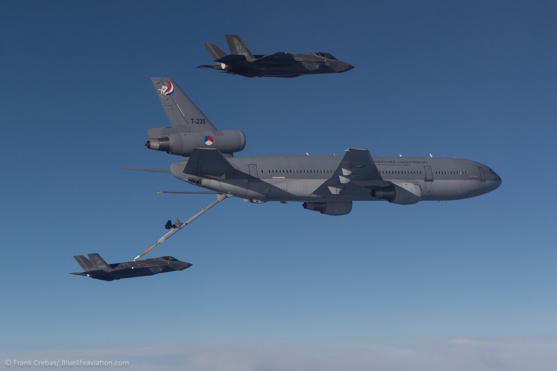 Two F-35A Lightning IIs travel to Leeuwarden Air Base in the Netherlands May 23, 2016.