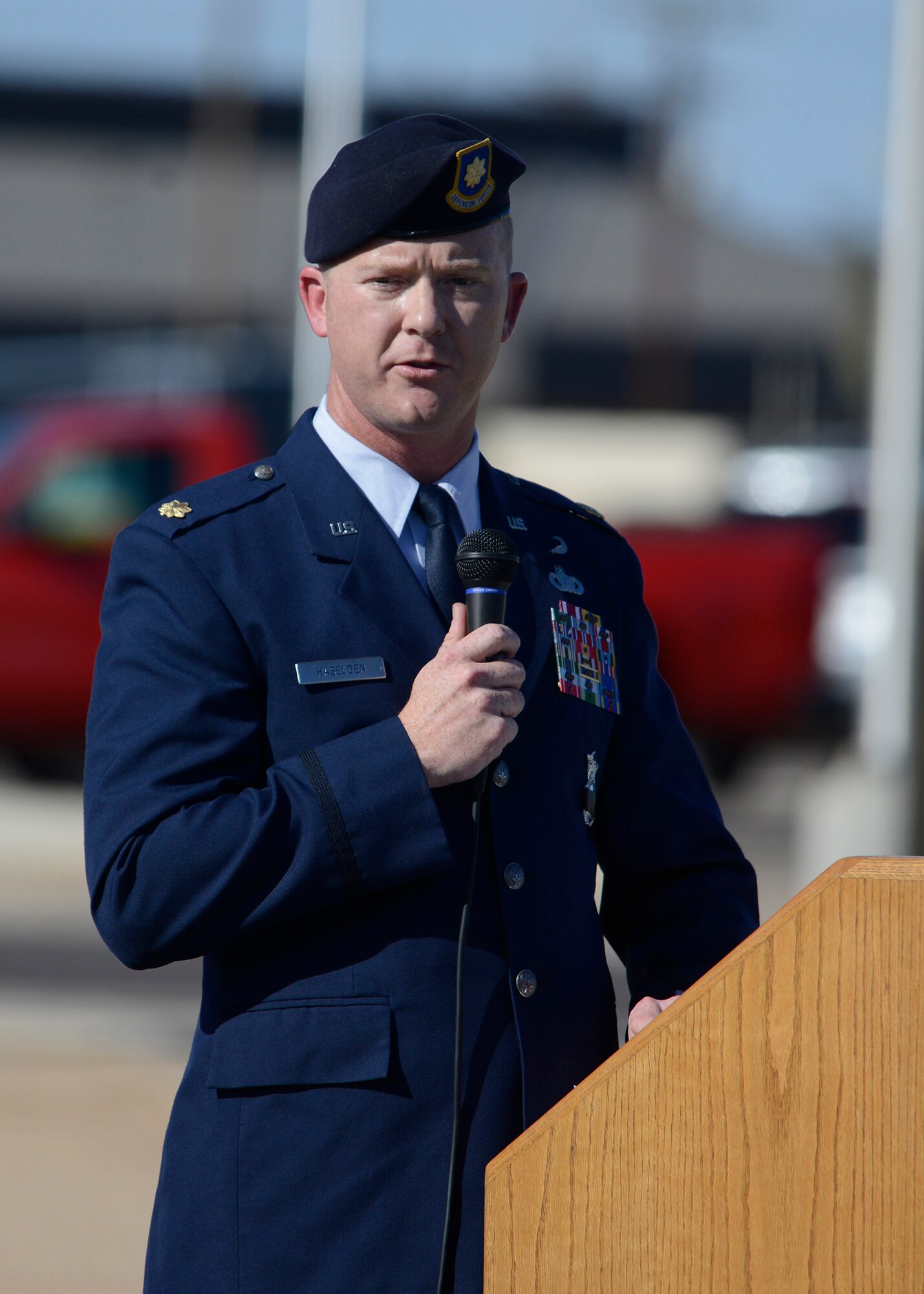 Maj. Scott Haselden, 56th Security Forces commander, addresses the audience during the S.S. Mayaguez Memorial Retreat Ceremony May 19, 2016 at Luke Air Force Base, Ariz. Every year police departments and law enforcement agencies come together to honor and remember those who have served our communities and those who made the ultimate sacrifice. 
(U.S. Air Force photo by Senior Airman Devante Williams)