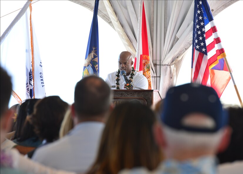 Master Chief Petty Officer Kyucca Ali-Simpson, senior enlisted advisor for the National Security Agency Hawaii, speaks to military recruits, military and local community members who have gathered to honor and recognize 130 military enlistees during the Our Community Salutes recognition ceremony on the USS Battleship Missouri Memorial, May 21, 2016. Our Community Salutes of Hawaii is a community based initiative to recognize and honor graduating high school seniors, who plan to join the Armed Forces after graduation. Service members, military veterans, community leaders, educators and businessmen and women used the ceremony as an opportunity to recognize the enlistees and their families for stepping up to join the one percent of Americans who serve in the military. (U.S. Air Force photo by Tech. Sgt. Aaron Oelrich/Released) 