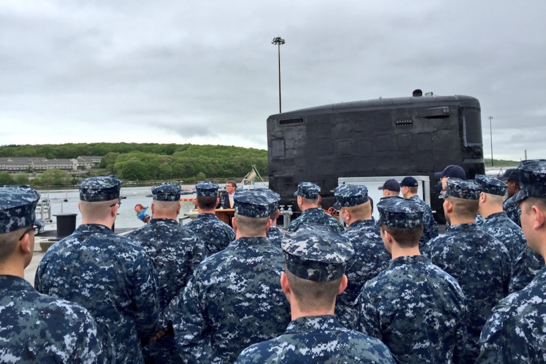 Defense Secretary Ash Carter addresses service members at Naval Submarine Base New London in Groton, Conn., May 24, 2016. Carter commended them for their work and asked them to help in attracting and retaining their successors. DoD photo by Stephanie Dreyer