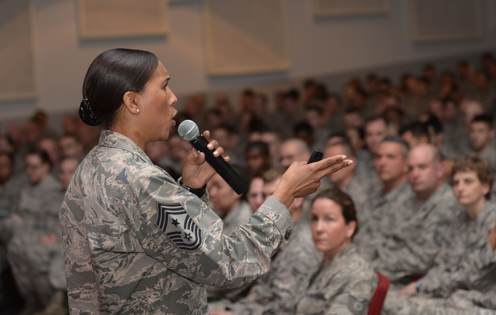Chief Master Sgt. Sonia Lee, 28th Bomb Wing command chief, speaks to Ellsworth Airmen during an enlisted all call in the base theatre at Ellsworth Air Force Base, S.D., May 10, 2016. Lee emphasized the issues Ellsworth Airmen are facing, such as too many DUI’s and the strides first sergeants are making toward improving the safe ride program, offering a free ride home after one has been drinking. (U.S. Air Force photo by Airman Donald Knechtel/Released)