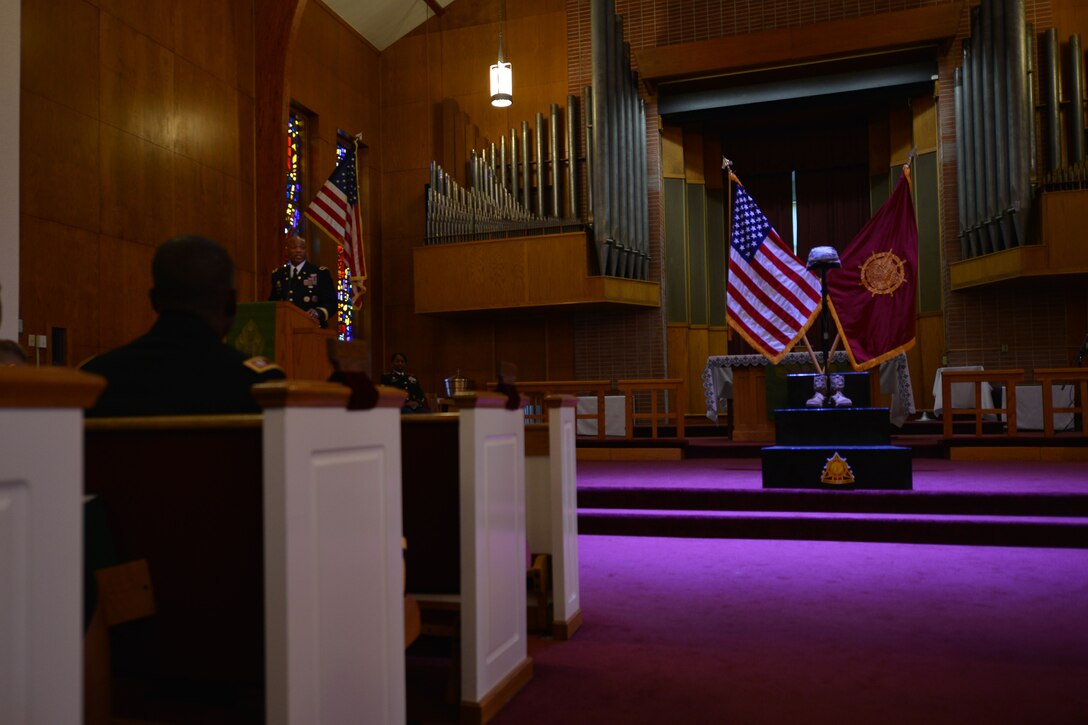 U.S. Army Brig.  Gen. Michael M. Russell Sr., Chief of U.S. Army Transportation Corps and commandant of the U.S. Army Transportation School, speaks during the U.S. Army Transportation Corps Wreath Laying Ceremony at Fort Eustis, Va., May 24, 2016. The ceremony was held to honor fallen Soldiers and their families within the corps. (U.S. Air Force photo by Staff Sgt. Natasha Stannard)