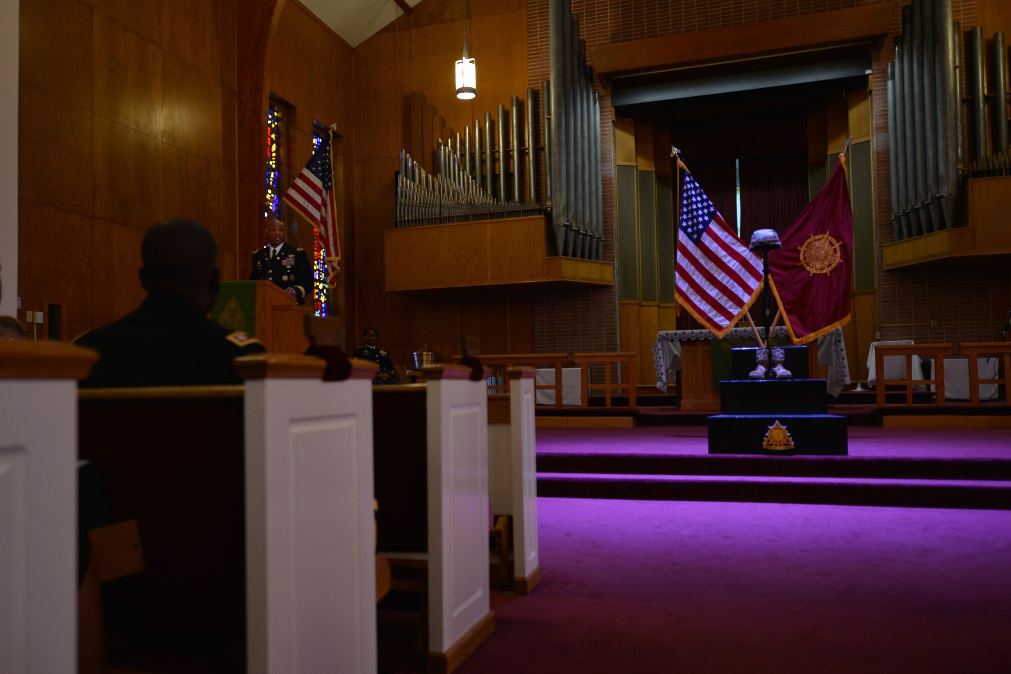 U.S. Army Brig.  Gen. Michael M. Russell Sr., Chief of U.S. Army Transportation Corps and commandant of the U.S. Army Transportation School, speaks during the U.S. Army Transportation Corps Wreath Laying Ceremony at Fort Eustis, Va., May 24, 2016. The ceremony was held to honor fallen Soldiers and their families within the corps. (U.S. Air Force photo by Staff Sgt. Natasha Stannard)