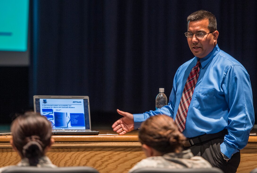 Mr. Brian Angell, program manager for the U.S. Air Force Personnel Accountability and Assessment System, briefs Airmen about the program’s system improvements at Langley Air Force Base, Va., May 23, 2016. The training is part of a 2016 Hurricane Training tour for installation personnel readiness in preparation for the upcoming hurricane season. (U.S. Air Force photo by Senior Airman Kayla Newman) 