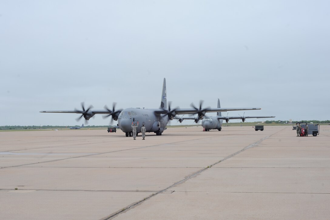A C-130J Super Hercules taxis down the runway May 19, 2016, at Dyess Air Force Base, Texas. More than 200 Dyess Airmen from the 317th Airlift Group returned home after supporting various operations abroad within three different areas of responsibility. (U.S. Air Force photo by Airman 1st Class Rebecca Van Syoc/Released)
