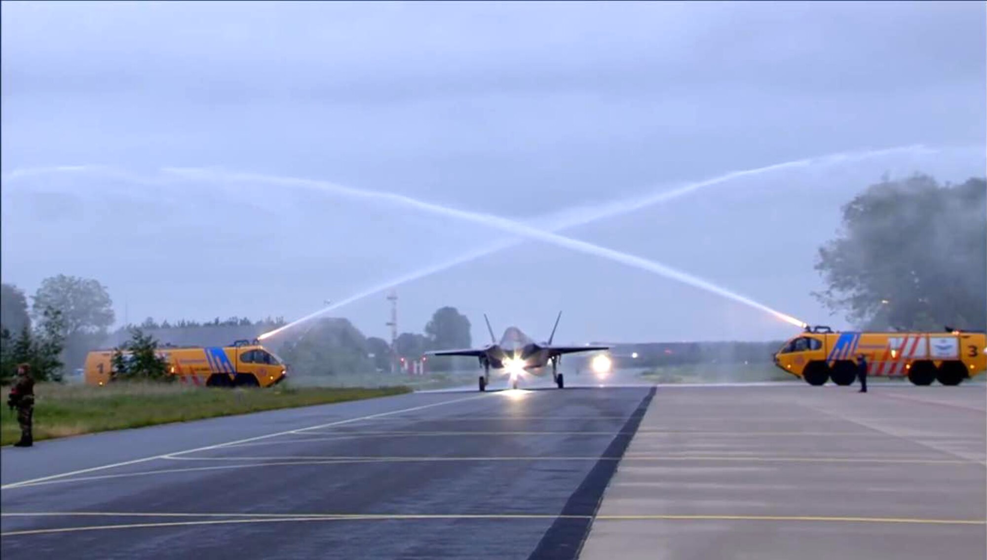One of two Royal Netherlands Air Force F-35As taxis after landing at Leeuwarden Air Base in the Netherlands, which is one of two bases that will be home to the RNLAF's F-35s when they arrive permanently in 2019. The RNLAF plans to replace its legacy F-16A/B fleet with a minimum of 37 F-35s, split between two bases. The Dutch component of the F-35 Joint Operational Test Team will  conduct test sorties and introduce their fifth-generation fighter to the Netherlands people. The two Dutch F-35s landed May 23 in the Netherlands after departing Edwards AFB May 21. They plan to return to Edwards in around three weeks. (Royal Netherlands Air Force image)