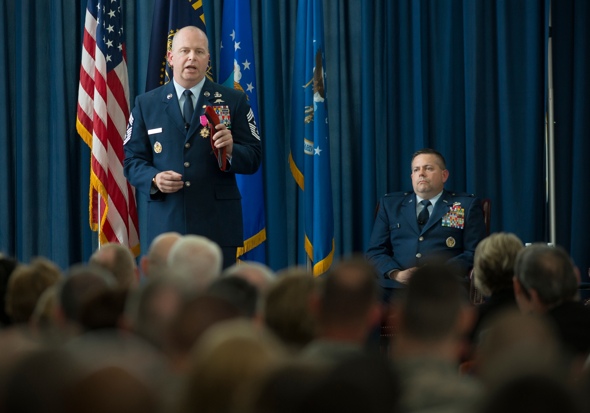 Chief Master Sgt. James W. Hotaling, the 11th command chief master sergeant of the ANG delivers remarks during his retirement ceremony May 20, 2016, at Joint Base Andrews, Md. Hotaling retired after serving a combined 28 years in the Air Force, Air Force reserve, Air National Guard, and U.S. Coast Guard. (U.S. Air National Guard photo by Master Sgt. Marvin R. Preston/Released)