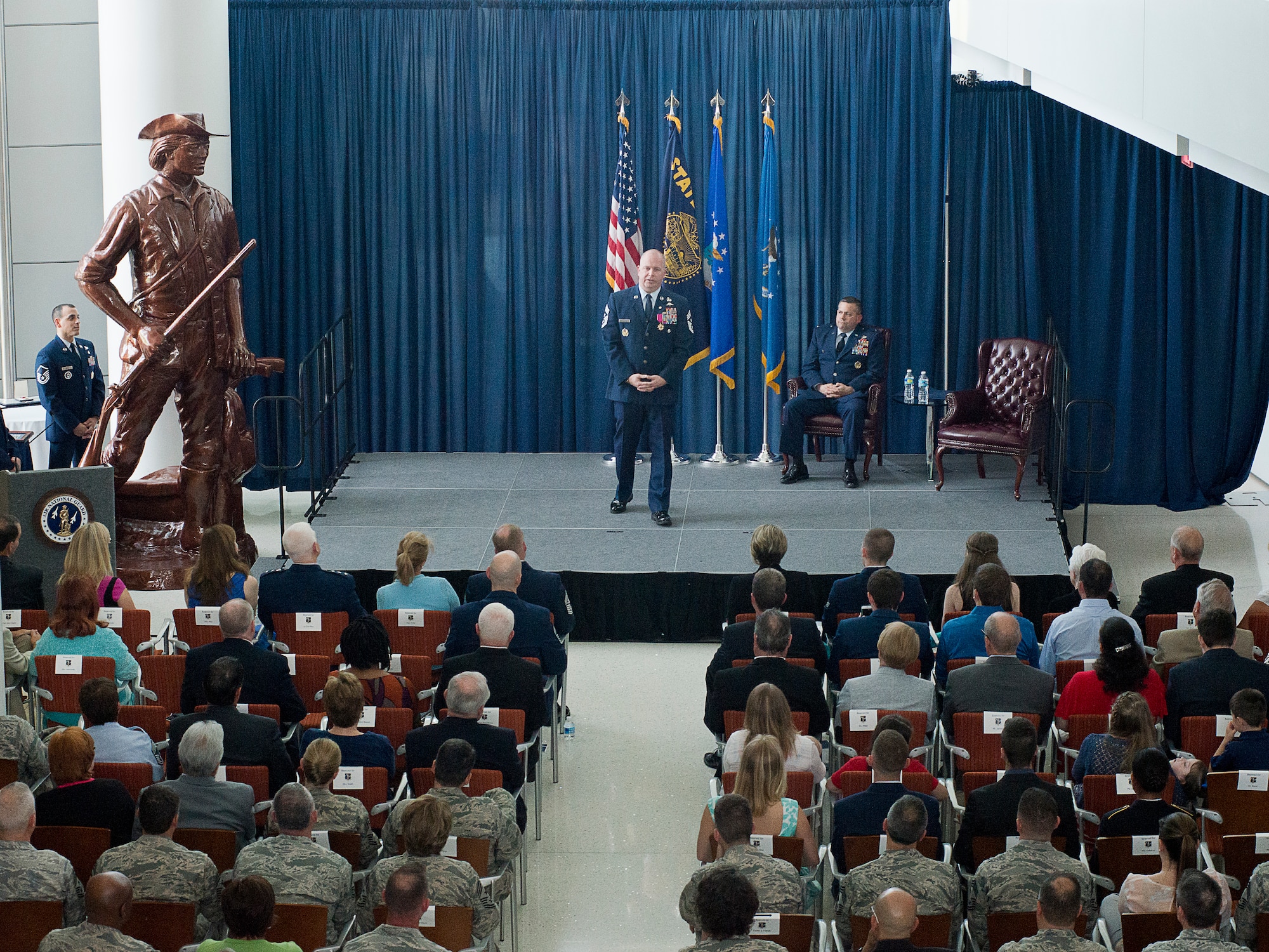 Chief Master Sgt. James W. Hotaling, the command chief master sergeant of the Air National Guard, speaks during his retirement ceremony May 20, 2016, at the Air National Guard Readiness Center on Joint Base Andrews, Md. Hotaling retired after a combined 28 years of service in the Air Force, Air Force Reserve, Air National Guard, and U.S. Coast Guard. (U.S. Air National Guard photo by Staff Sgt. John E. Hillier/Released)