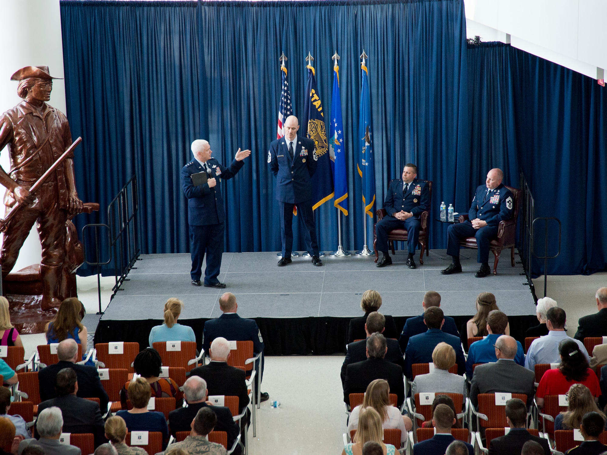 Director of the Air National Guard Lt. Gen. L. Scott Rice speaks during a retirement ceremony for ANG command chief master sergeant James W. Hotaling at the ANG Readiness Center on Joint Base Andrews, Md., May 20, 2016. Hotaling retired after a combined 28 years of service in the Air Force, Air Force Reserve, Air National Guard, and U.S. Coast Guard. (U.S. Air National Guard photo by Staff Sgt. John E. Hillier/Released)