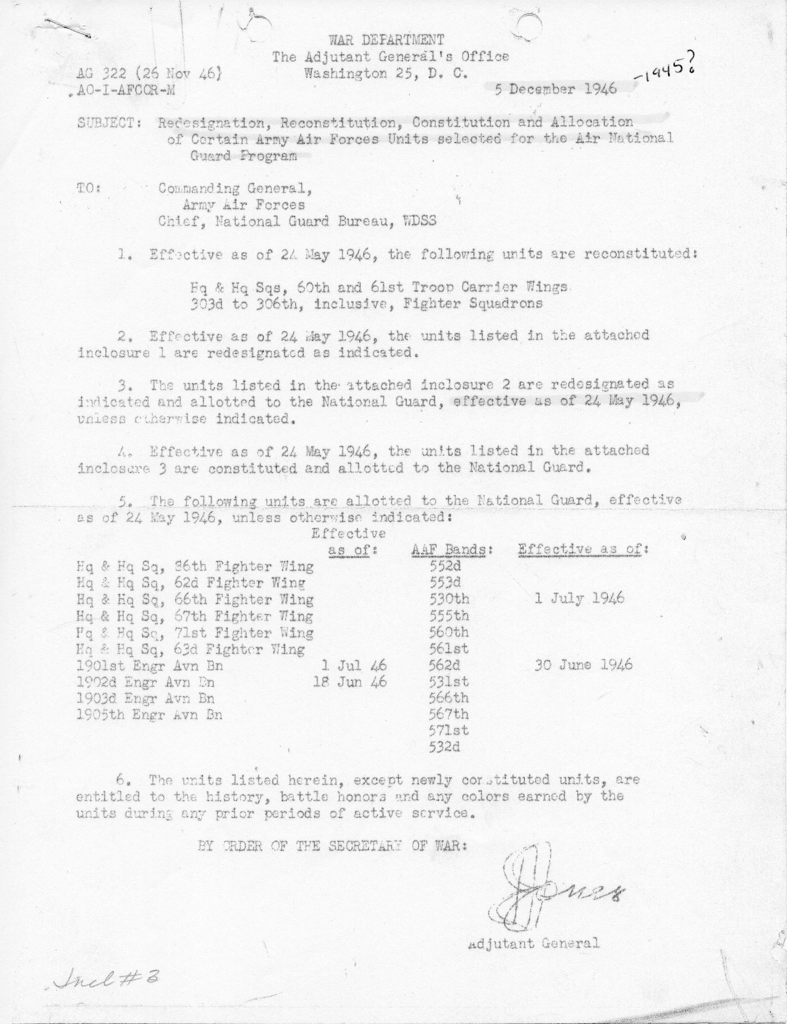 This War Department’s order of 5 December 1946 reflects the postwar buildup of the air units of the National Guard via unit reconstitution, unit redesignation and original unit constitution.  It authorized the redesignated units to retain their history and battle honors earned in prior service.  This action to augment the National Guard was a major initiative in the creation of an improved air reserve component capability after World War II, and affected most if not all National Guard air units across the country.  (142FW History Archives)