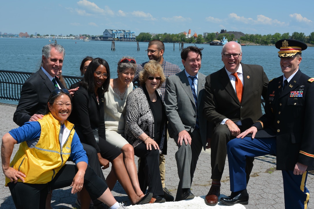 Col. David Caldwell (right), commander, U.S. Army Corps of Engineers New York District, Rep. Crowley (second right), and Flushing Bay advocates celebrate the completion of the removal of derelict barges in the waters of Flushing Bay.