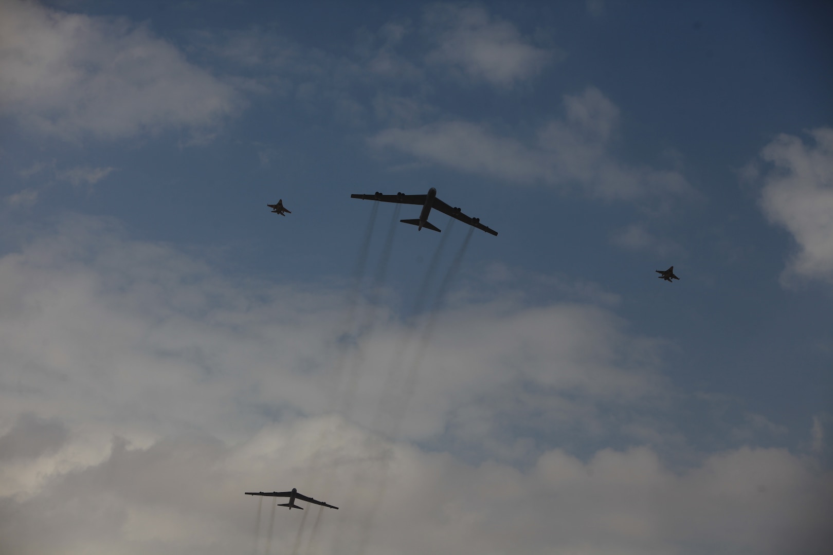 U.S. Air Force B-52 bombers receive an escort from two Jordanian Air Force F-16 Fighters at the start of a combined-arms live-fire exercise near Al Zarqa, Jordan, as the culminating event of Exercise Eager Lion 2016, May 24, 2016. Eager Lion 2016 is a bi-lateral military exercise between the Hashemite Kingdom of Jordan and the U.S. designed to strengthen relationships and enhance interoperability between partner nations. (U.S. Army photo by Sgt. 1st Class Sean A. Foley)