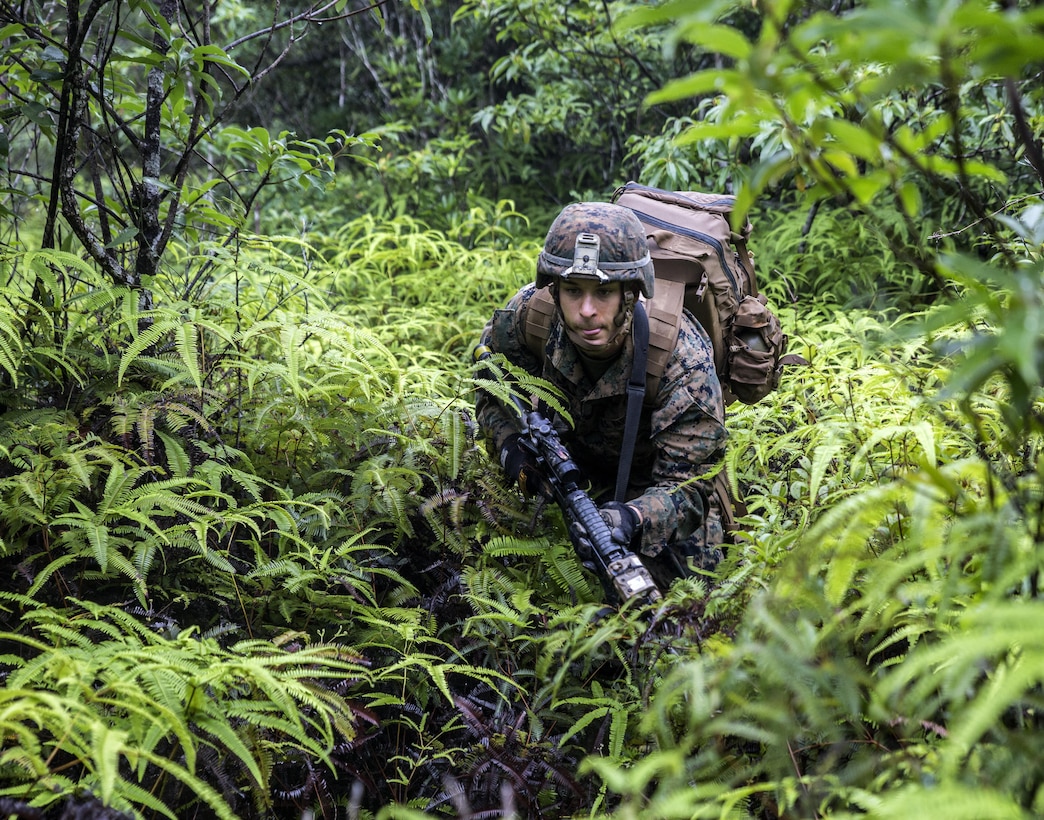 U.S. Marine Lance Cpl. Justin D. Enger runs towards the sound of simulated gun fire at the Jungle Warefare Training Center, May 19, 2016 at Camp Gonsalves, Okinawa, Japan. Enger is a combat engineer with 9th Engineer Support Battalion, 3rd Marine Logistics Group, III Marine Expeditionary Force. Enger and his platoon attended the 5-day Course at JWTC. The course gives Marines the skills to shoot, move and communicate within a jungle environment. (U.S. Marine Corps photo by Lance Cpl. Jessica N. Etheridge/Released)