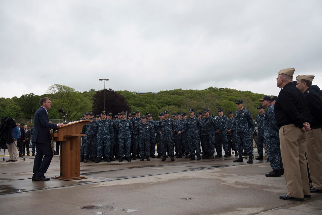 Defense Secretary Ash Carter speaks to sailors during a visit to Naval Submarine Base New London, Conn., May 24, 2016. DoD photo by Air Force Senior Master Sgt. Adrian Cadiz