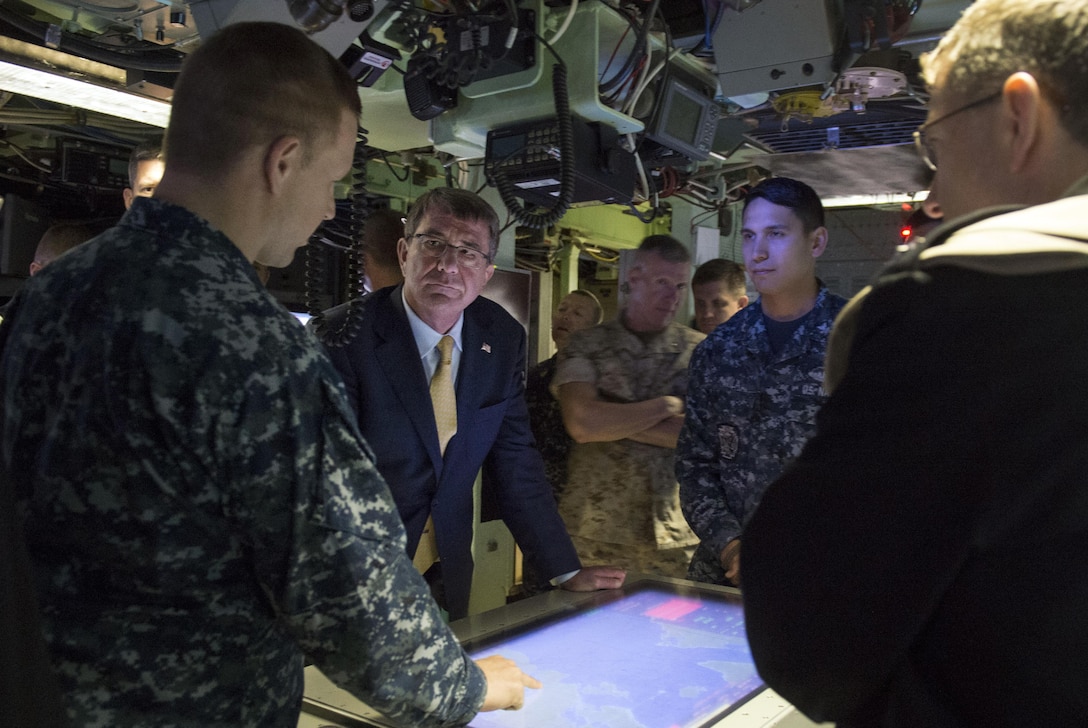 Defense Secretary Ash Carter receives a briefing on the capabilities of the USS New Mexico as he tours the submarine during a visit to Naval Submarine Base New London, Conn., May 24, 2016. DoD photo by Air Force Senior Master Sgt. Adrian Cadiz