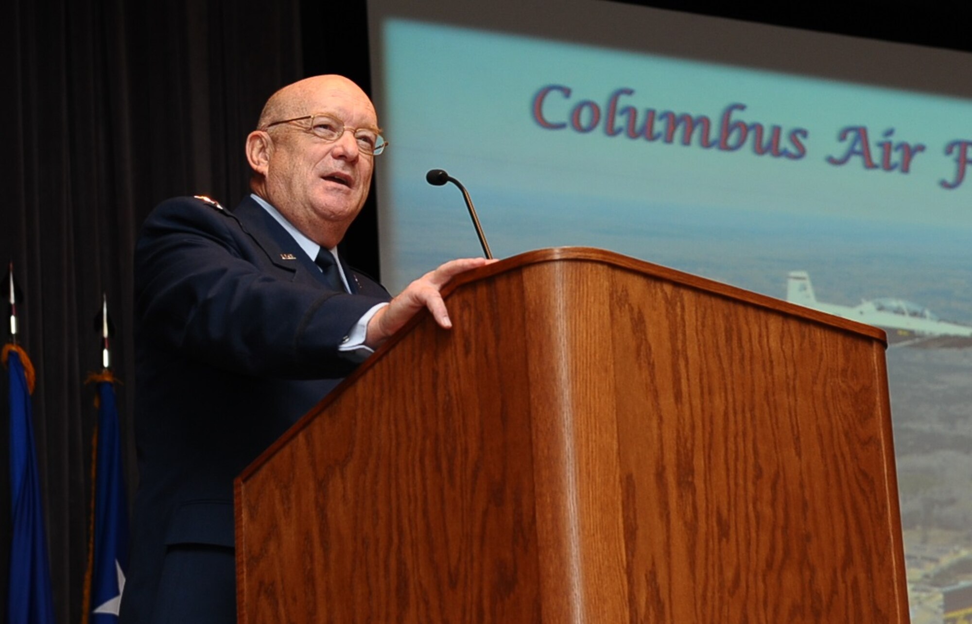 Maj. Gen. Richard Perraut Jr., U.S. Air Force retired, speaks at the Specialized Undergraduate Pilot Training Class 16-09 graduation ceremony May 20 at Columbus Air Force Base, Mississippi. Perraut spoke of five key advice pilots and officers should utilize through their career.  (U.S. Air Force photo/Senior Airman Kaleb Snay)