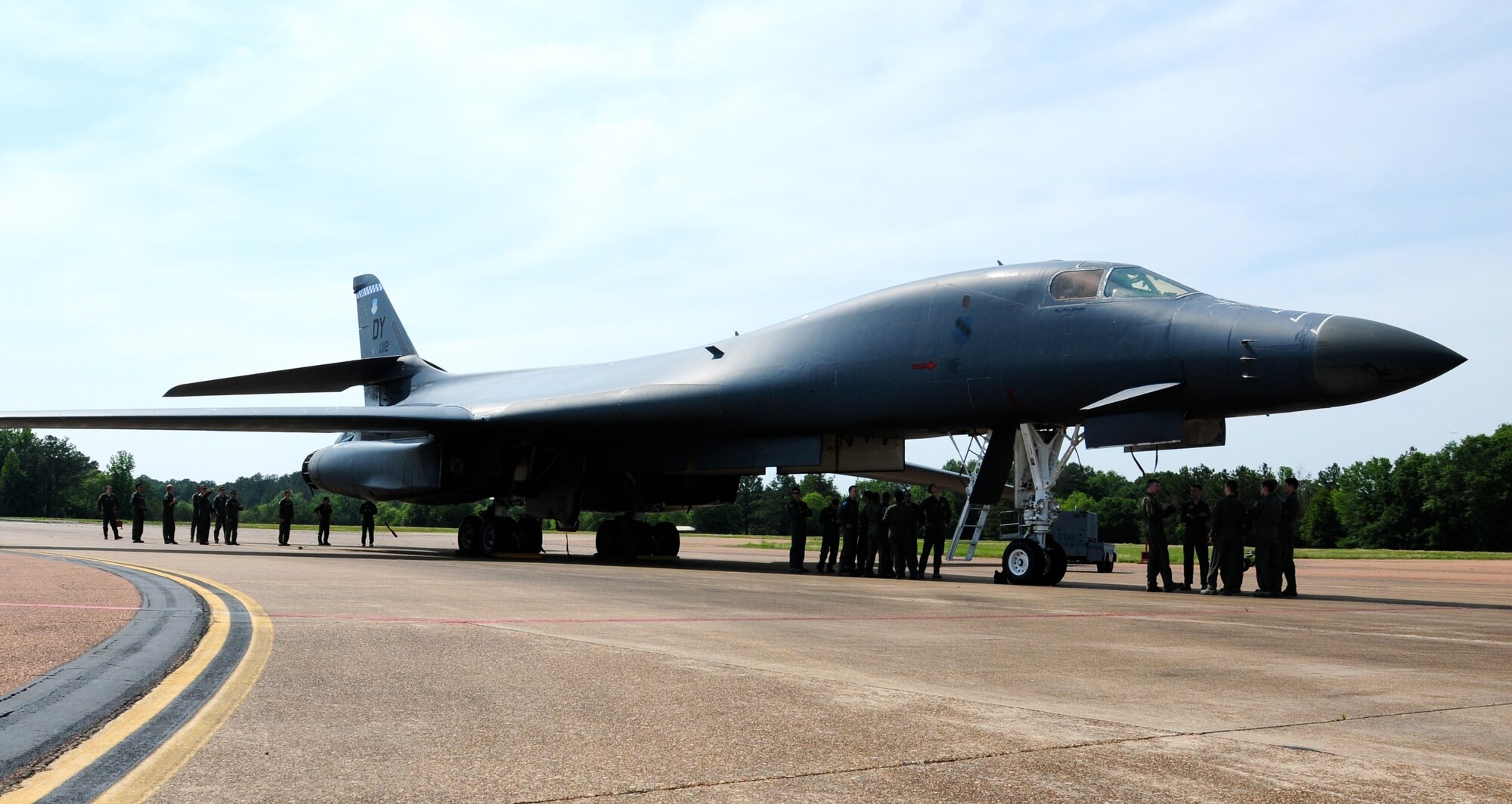 Team BLAZE personnel view a B-1 static display during the B-1 roadshow May 23 at Columbus Air Force Base, Mississippi. The aircraft arrived from Dyess AFB, Texas. During the roadshow, two briefings were also given on its capabilities in Phillips Auditorium. (U.S. Air Force photo/Elizabeth Owens) 