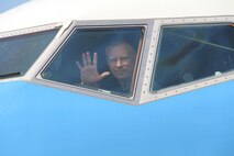Executive officer and pilot Maj. Dan Hellinger flew his last C-40C flight on May 24, 2016, at the 932nd Airlift Wing in Illinois.  Friends and family welcomed him back from a training mission and he gave his final wave "goodbye" from the cockpit upon landing as he moves on to a new assignment.  (U.S. Air Force photo by Maj. Stan Paregien)