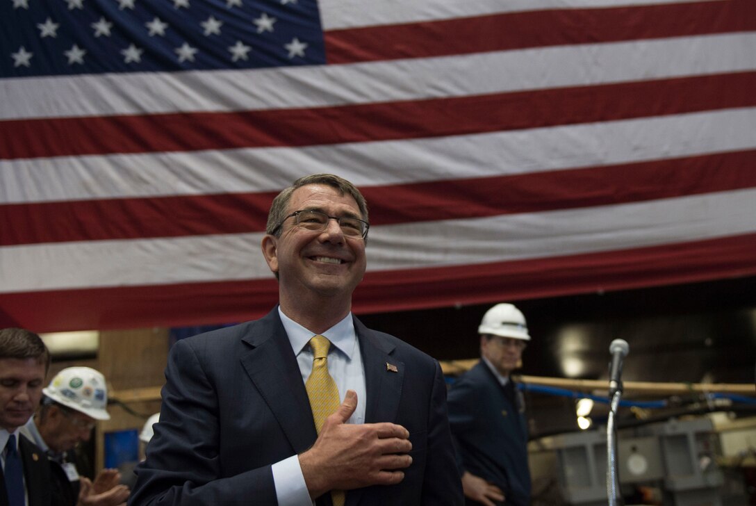Defense Secretary Ash Carter shares a light moment while delivering remarks to employees at an electric boat facility in Groton, Conn., May 24, 2016. DoD photo by Air Force Senior Master Sgt. Adrian Cadiz