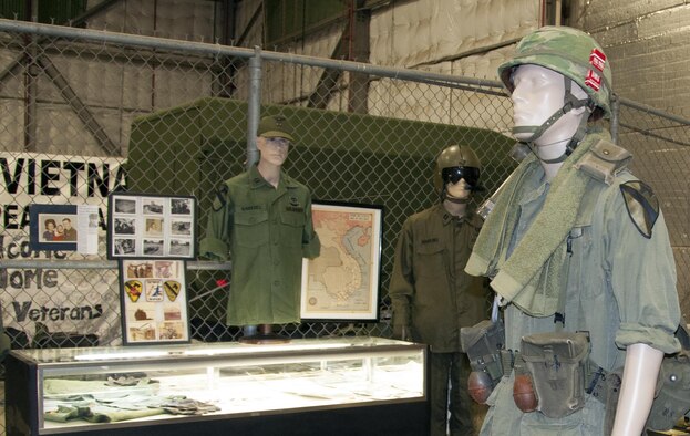 War memorabilia on display at the Vietnam War Veterans Recognition Ceremony in a hangar at Naval Air Station Fort Worth Joint Reserve Base, Texas, April 22 gives a look into the life of military members during that era. The ceremony honored all who served on active duty in the U.S. Armed Forces from Nov. 1, 1955 to May 15, 1975. (U.S. Air Force photo by Staff Sgt. Melissa Harvey)