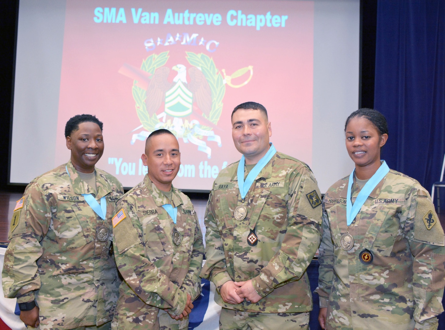 (From left) Staff Sgt. Maggie Wilson, Staff Sgt. Pablo Sierra III, Staff Sgt. Stephen Raya and Sgt. 1st Class Krenda D. Harralson became the newest members of the Sergeant Major of the Army Leon L. Autreve Chapter of the Sergeant Audie Murphy Club at Fort Sam Houston May 12.