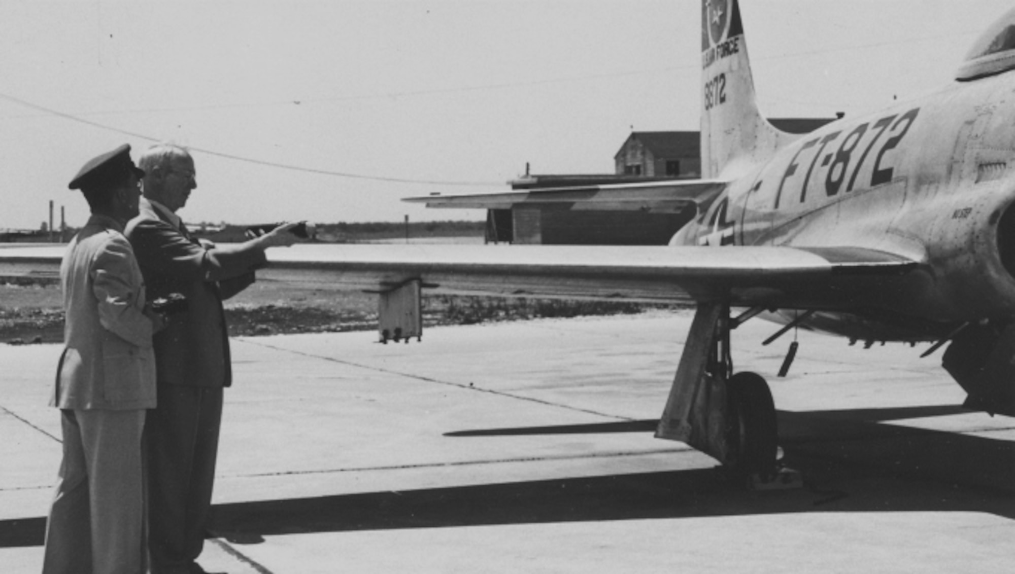 The first flight surgeon in the pioneer Army Air Service of 1918, Dr. Robert J. Hunter, tries out a newfangled noise-measuring gadget on a jet fighter at Randolph Field, Texas. Demonstrating the instrument is Lt. Col. James E. Lett (left), head of the School of Aviation Medicine’s Ear-Nose-Throat department, 1959. (Photo courtesy of the National Archives and Records Administration)