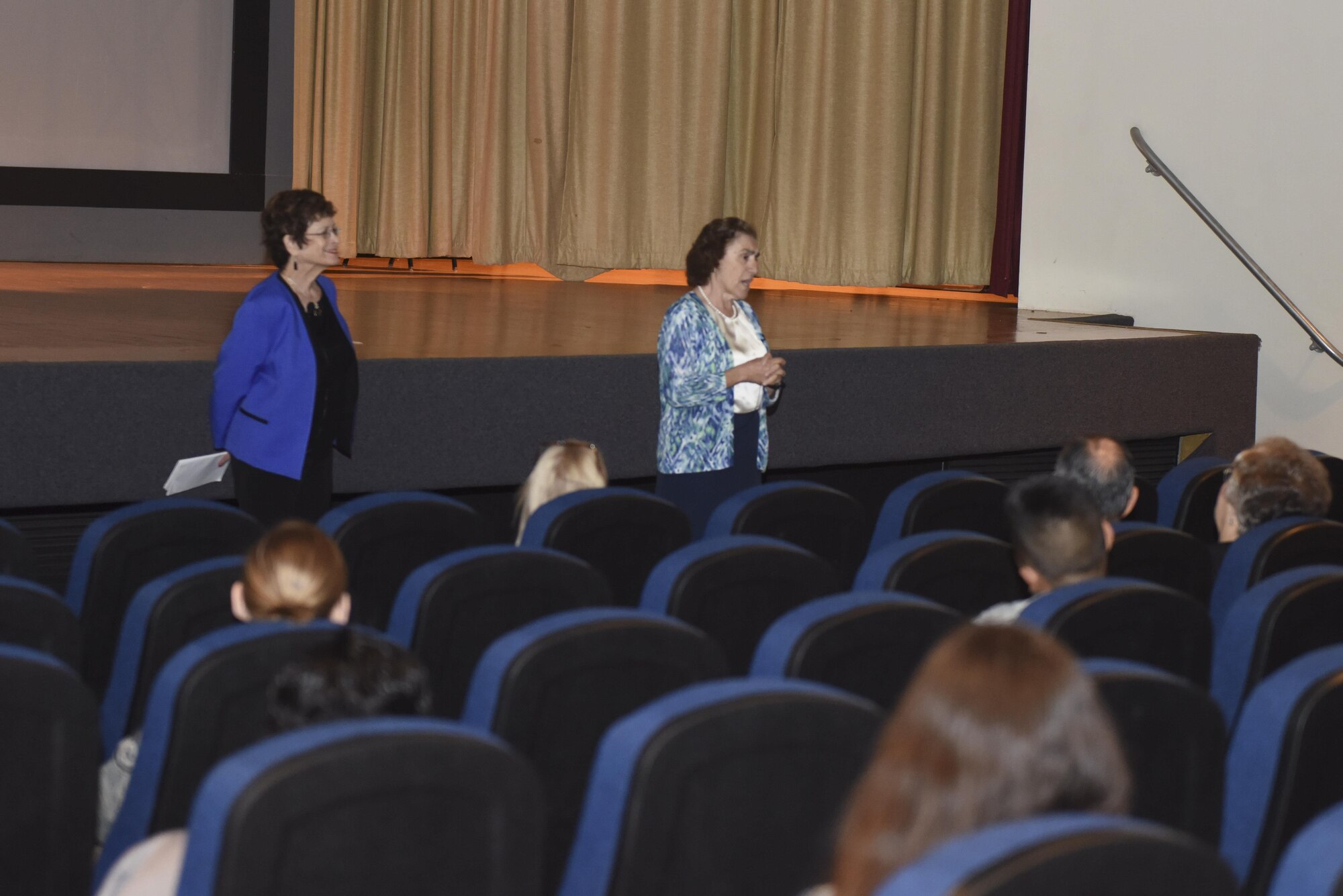 Theresa Dulgov, Holocaust survivor, speaks about her personal experience with the Holocaust at the Base Theater on Goodfellow Air Force Base, Texas, May 24, 2016. Dulgov was born during the start of the Holocaust and talked about how it affected her life. (U.S. Air Force photo by Airman 1st Class Chase Sousa/Released)